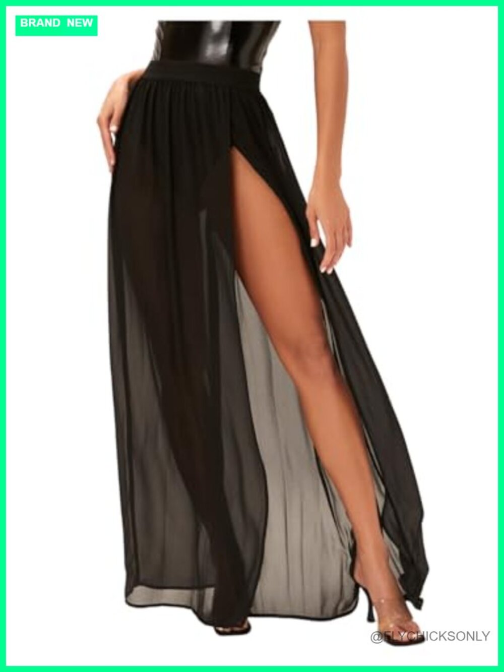 Women's Sheer Mesh Ruffle Maxi Skirt High Waist Slit Thigh Long Skirt